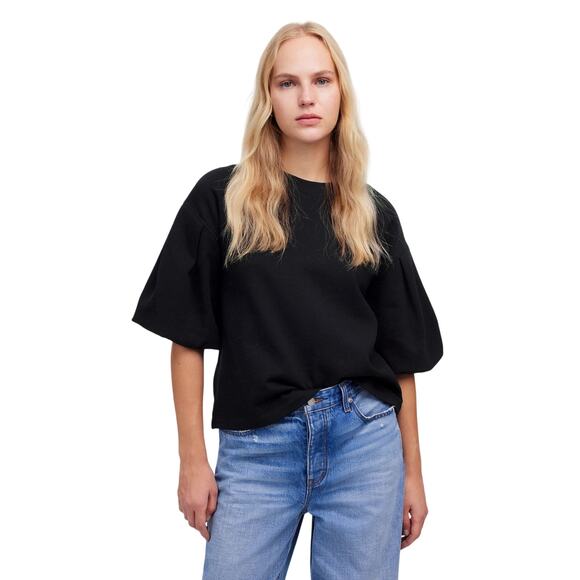 Madewell Black Puff Sleeve Knit Top Small Raglan Crew Neck Boxy Fit NWT - Picture 1 of 9